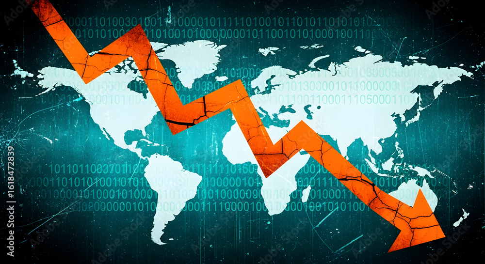 Poster dramatic global downturn depicted by orange arrow on binary world map background