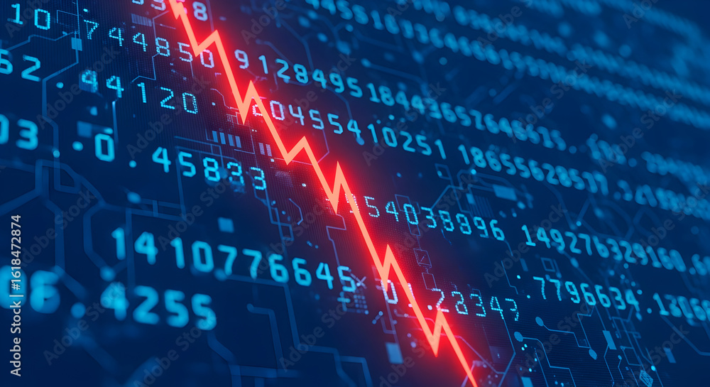 Aufkleber dramatic red arrow plunging downward symbolizing financial decline over binary code background imply