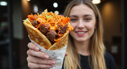 Young woman smiling and holding a delicious food wrap outdoors  