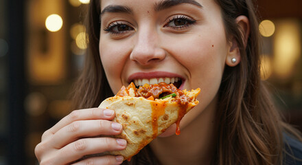 Young woman eating food wrap and smiling in casual outdoor setting  