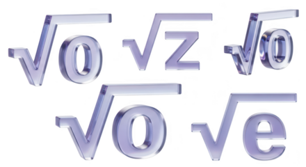 3D rendered isolated math symbols showing square roots of letters and zero on a white background suitable for educational or abstract design