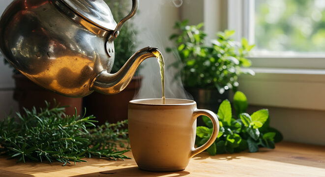 A steaming metal teapot pouring erva-doce tea into a ceramic mug, placed on a rustic kitchen table with natural light and herbs in the background