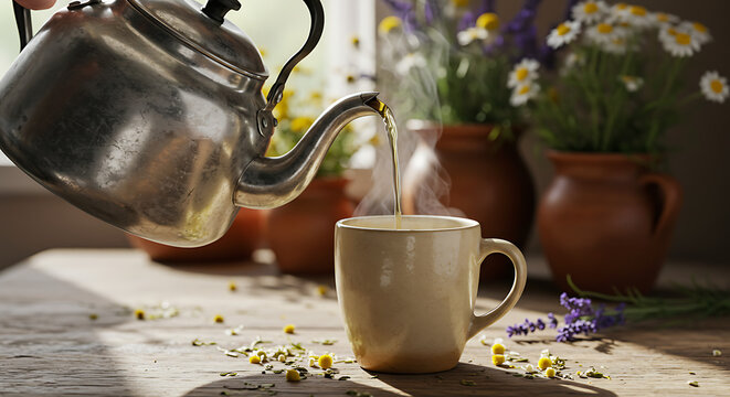 A steaming metal teapot pouring erva-doce tea into a ceramic mug, placed on a rustic kitchen table with natural light and herbs in the background