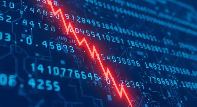 Dramatic Red Arrow Plunging Downward Symbolizing Financial Decline Over Binary Code Background Implying Market Crash