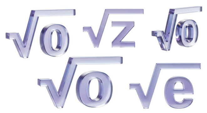 3D rendered isolated math symbols showing square roots of letters and zero on a white background suitable for educational or abstract design