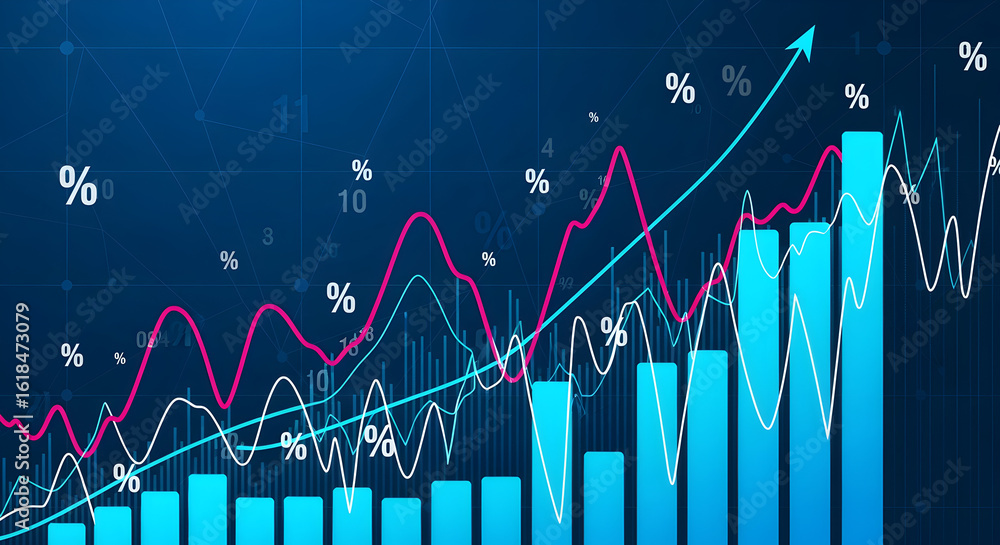 Poster dynamic blue bar graph with upward trending line graphs for business and financial growth visualizat