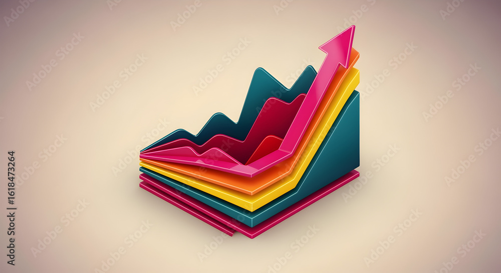 Poster dynamic 3d graph with ascending pink arrow on beige backdrop for financial growth visualization