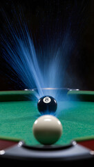 Dramatic scene of a white cue ball striking the 8-ball with motion blur, chalk dust flying, captured mid-action, dark moody background, hyper realistic style
