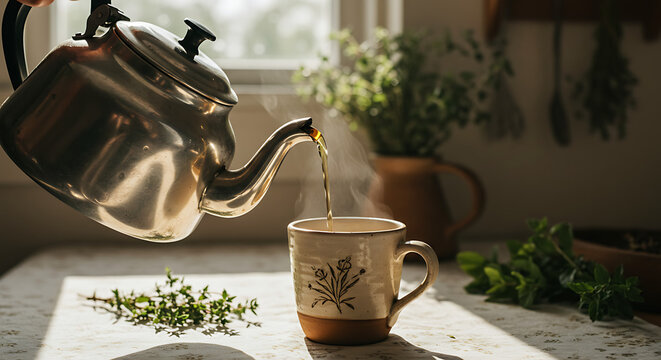 A steaming metal teapot pouring erva-doce tea into a ceramic mug, placed on a rustic kitchen table with natural light and herbs in the background
