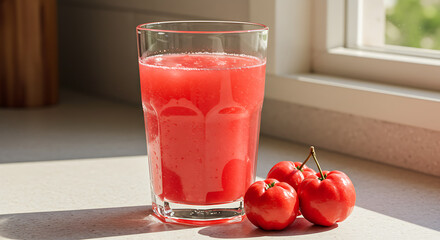A colorful cup of acerola juice served in a clear glass, with visible pulp and a few fresh acerola fruits on a sunny kitchen counter