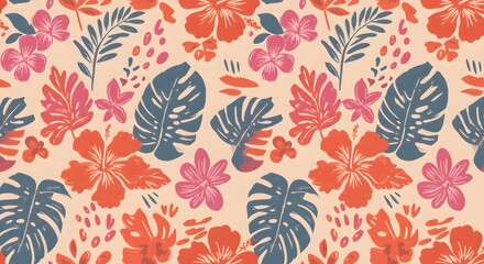 A vibrant, seamless floral pattern featuring various stylized flowers and leaves on a light background