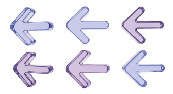 Six glass left arrows on a white background representing navigation or direction choices potentially for web design