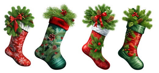 Collection of colorful Christmas stockings with pine and ribbon decorations hanging in a row isolated on white background

