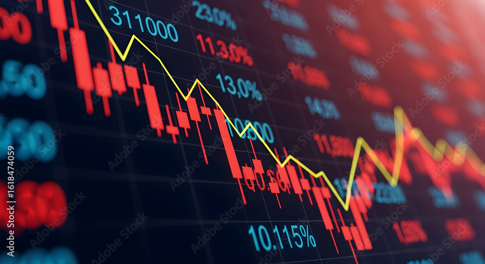 Poster dynamic stock market graph visualizing financial trends and economic performance with red and green 