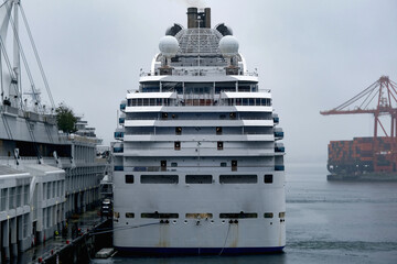 Modern Princess cruiseship cruise ship liner Coral in Vancouver, Canada port on blue sky sunny cloudy day before Alaska cruise British Columbia