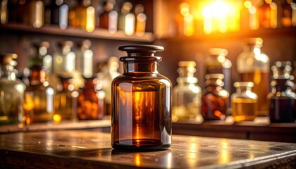 Medicine bottle on counter, essential healthcare at home for wellness and treatment