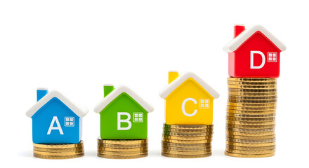 Energy Efficiency Ratings Represented By Colorful Model Homes on Gold Coin Stacks in Studio