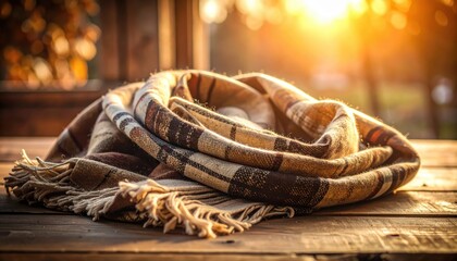 Obraz premium Pile of warm blankets on rustic wooden table, cozy comfort and texture cozy