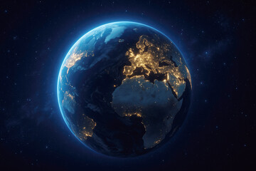 Obraz premium View of Earth illuminated at night from space showcasing continents and city lights across Europe and Africa