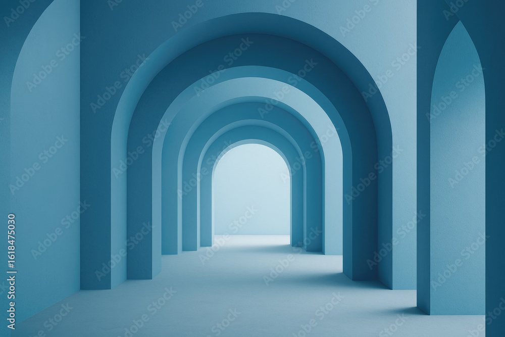 Poster modern architecture features tranquil blue arches creating a serene passageway in a minimalist inter