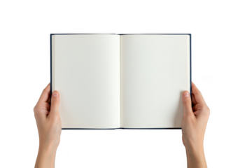 Two hands holding an open blank notebook with white pages isolated on transparent background