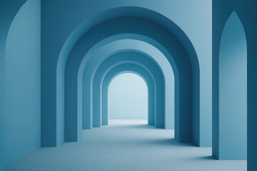 Fototapeta premium Modern architecture features tranquil blue arches creating a serene passageway in a minimalist interior setting designed for relaxation and contemplation