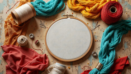 Artisan Embroidery Tools with Colorful Threads and Fabric Surrounding an Empty Hoop for Craft Blogs, DIY Websites, Creative Workshops, and Hobbyist Guides