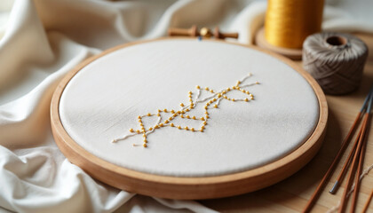 Artisan Embroidery Tools on Wooden Hoop with Yellow Thread and Needle for Craft Blogs, DIY Projects, Sewing Websites, Handmade Art Content, and Creative Workshops