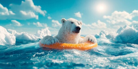 Polar Bear Floating on Lifebuoy Surrounded by Melting Ice