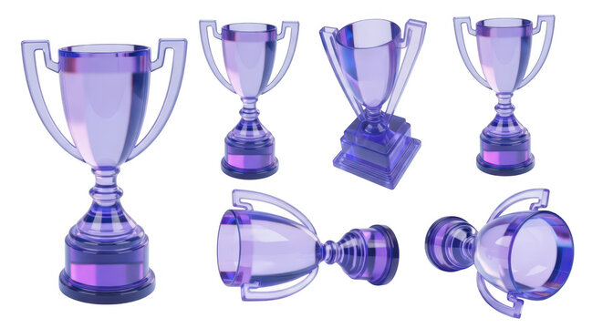 Transparent purple trophies displayed in different positions on a white background for concepts of victory achievement and awards