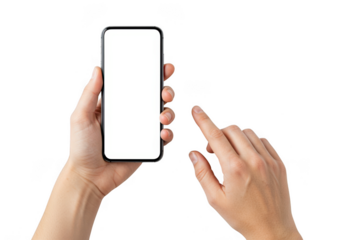 Person holding and interacting with a blank screen smartphone isolated on transparent background