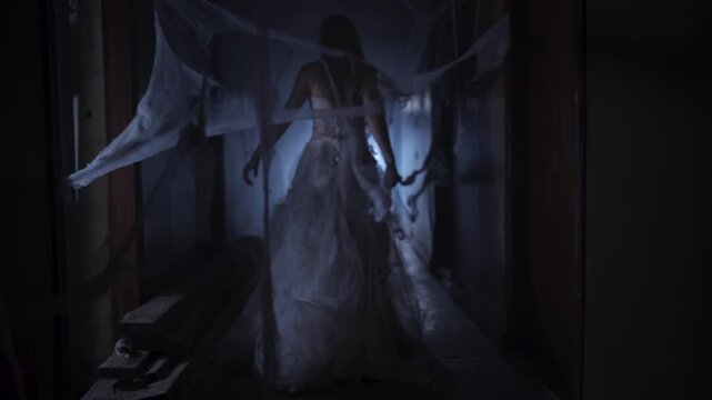 Woman bride in wedding dress walking twitching in convulsions along the corridor with a bunch of cobwebs around