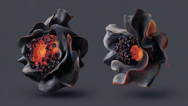 Two dark, organic, flower-like forms with glowing orange-red centers, against a dark grey backdrop; appearing charred or volcanic