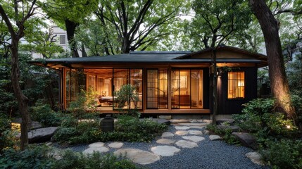 Japanese-style home nestled in garden