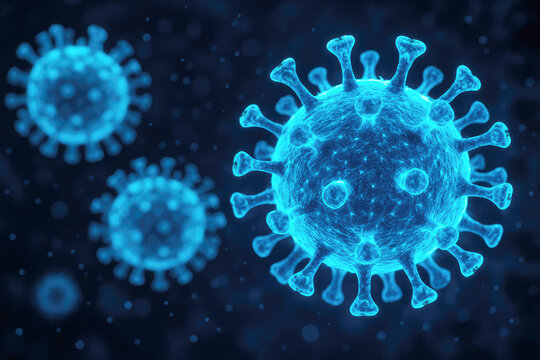 Virus particles illuminated in vivid blue against a dark background showcasing intricate structures during a microscopic view