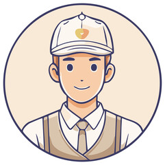 Obraz premium Cartoon portrait of a smiling man in a cap and tie inside circle