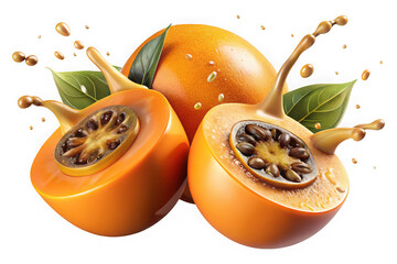 Fresh tamarillo fruit halves with splashing juice and leaves