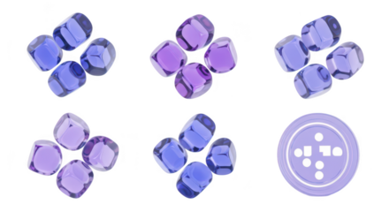 Six groups of purple and blue translucent cubes arranged in formations with a button icon set against a white background for design or concept usage