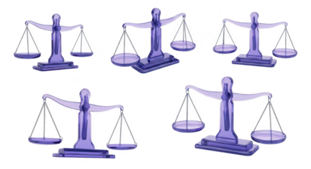 Purple scales of justice in various positions on white background illustrating law decisions fairness and legal concepts