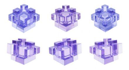 Six translucent cubes arranged in patterns against a pure white background are used to represent abstract concepts and design elements