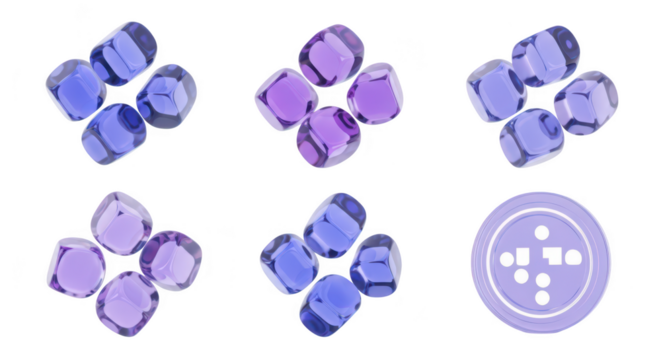 Six groups of purple and blue translucent cubes arranged in formations with a button icon set against a white background for design or concept usage - Powered by Adobe
