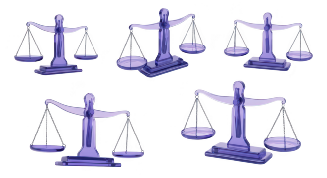 Purple scales of justice in various positions on white background illustrating law decisions fairness and legal concepts