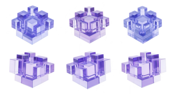 Six translucent cubes arranged in patterns against a pure white background are used to represent abstract concepts and design elements