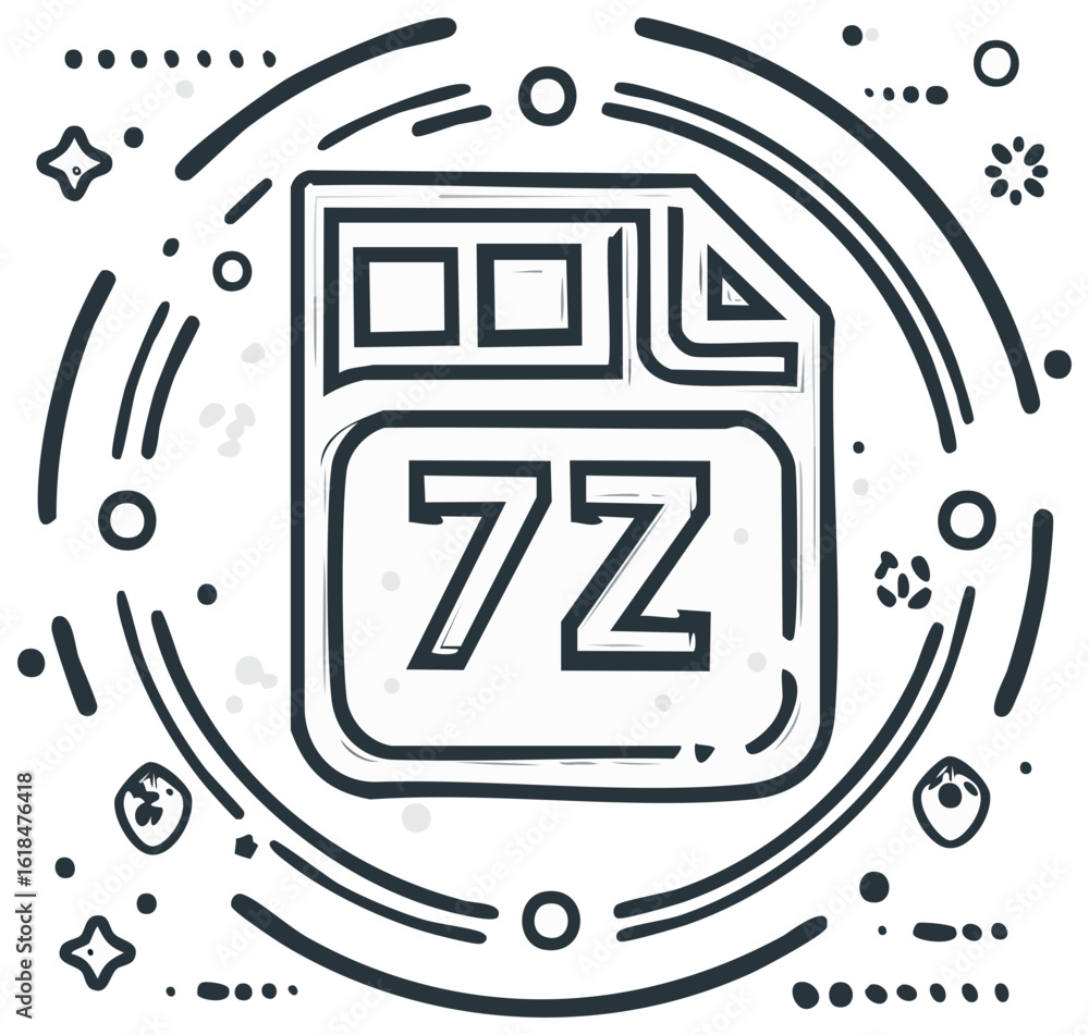 Poster 7z file icon in a hand drawn doodle style with abstract circular elements monochrome design
