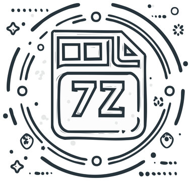 7Z file icon in a hand drawn doodle style with abstract circular elements monochrome design