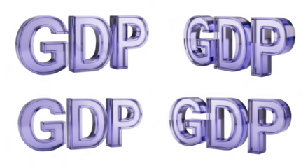 Transparent 3D GDP letters at different angles on a white background illustrating economic growth used for finance reports