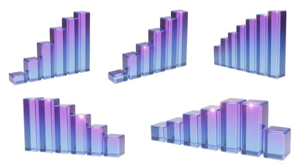 3D glass bar graphs rise and fall showcasing statistical data on white background useful for business presentations