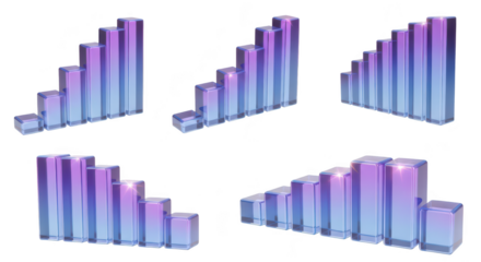 3D glass bar graphs rise and fall showcasing statistical data on white background useful for business presentations