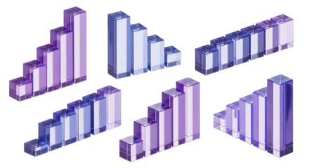 Rendered glass bar charts ascending/descending multiple angled white background representing growth statistics data visualization