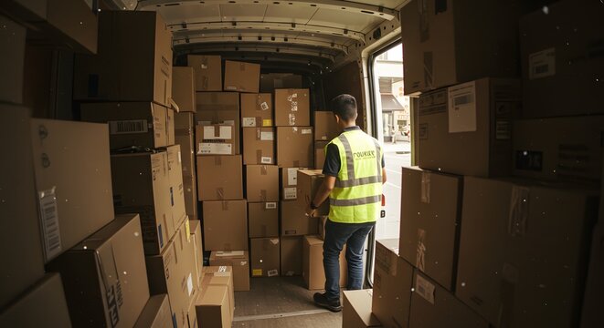 Delivery worker in a high-visibility vest organizing numerous cardboard boxes inside a delivery van - Powered by Adobe